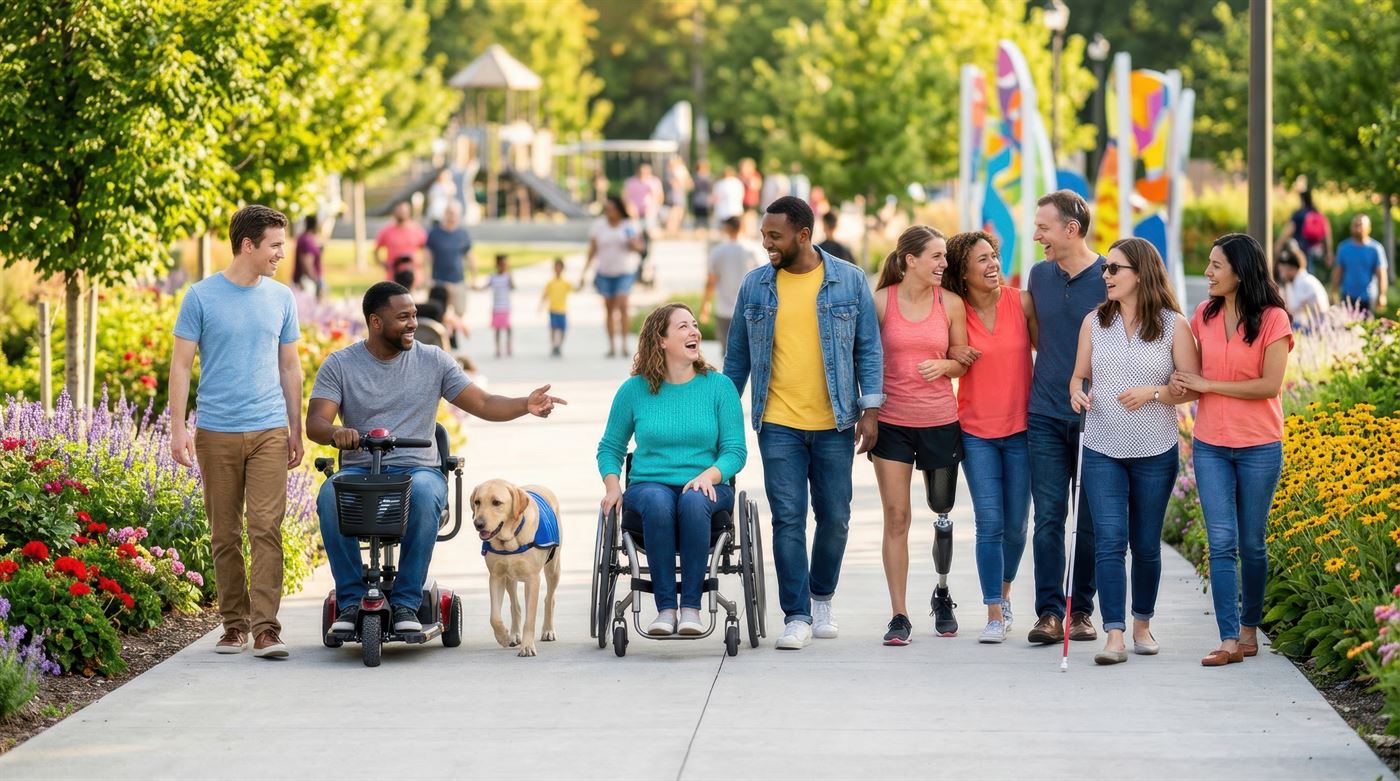 A group of friends, some using wheelchairs, a scooter, a prosthetic leg and a white cane, walking and laughing together in a park